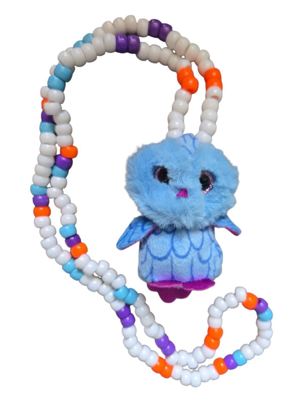 Blue Plush Owl Pony Bead Necklace